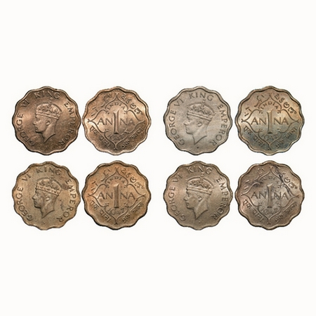 George VI, Copper-Nickel, 1 Anna, (4 coins), 1947, 1) Bombay Mint, Head Type II, Dot, Tip