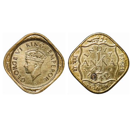 George VI, Brass-Nickel, ½ Anna, 1942, Calcutta Mint, Dots by India, Dashes by year, Die c
