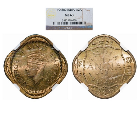 George VI, Brass-Nickel, ½ Anna, 1943, Calcutta Mint, Dots by India, Dashes by year. GK 14