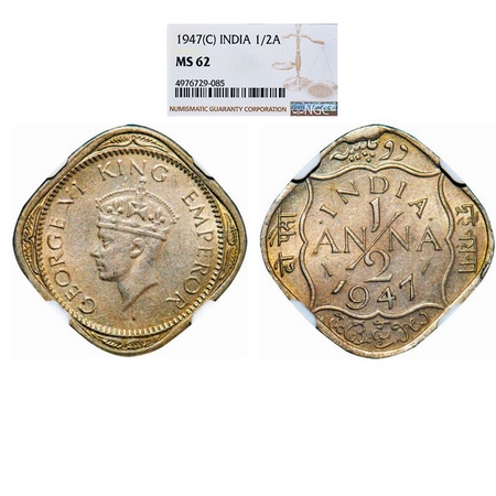 George VI, Copper-Nickel, ½ Anna, 1947, Bombay Mint, Dots by India, Dashes by year, Tiny D