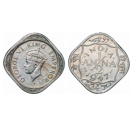 George VI, Copper-Nickel, ½ Anna, 1947, Bombay Mint, Dots by India, Dash-Dot-Dash, With 3 