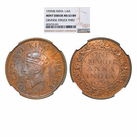 George VI, Bronze, Quarter Anna, 1939, Bombay Mint, Head Type I, Dot, Error, Mint Error, O