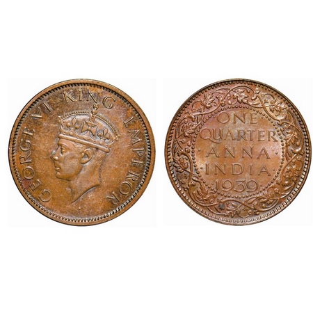 George VI, Bronze, Quarter Anna, 1939, Calcutta Mint, Head Type II, No dot. GK 1424. Uncir