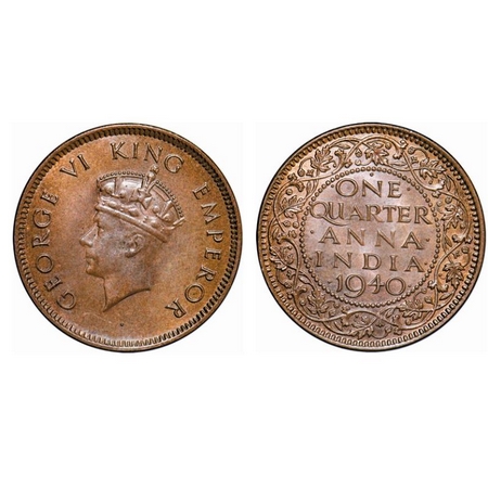 George VI, Bronze, Quarter Anna, 1940, Bombay Mint, Head Type I, Dot. GK 1425. Uncirculate