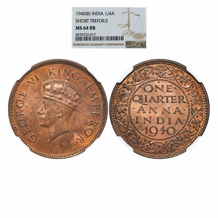 George VI, Bronze, Quarter Anna, 1940, Bombay Mint, Head Type I, Dot. GK 1425. NGC Slabbed