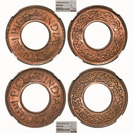 George VI, Bronze, 1 Pice, (2 Slabs), Bombay Mint, 1)1943, High crown, Dot, 2) 1947, High 