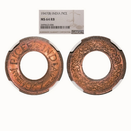George VI, Bronze, 1 Pice, 1947, Bombay Mint, High crown, Diamond. GK 1447. NGC Slabbed MS
