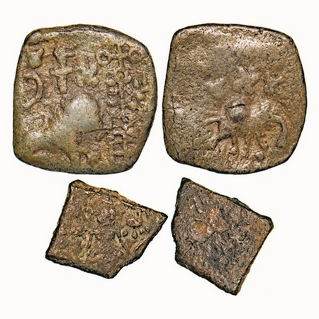 Satvahana (2 coins), 1) Pre Satavahana, (2 Cen BC), Lead, 1.26g, 12.14x14.13mm, Obv: Lion 
