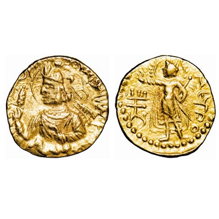 Kushan, Huvishka, Gold ¼ Dinar, 1.95g, 13.14x13.33mm, (2 Cen AD), Obv: Diademed and crowne