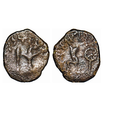 Western Kshatrapas, Bhumaka, Copper, 4.15g, 19.94x17.32mm, Obv: Arrow and thunderbolt. Rev