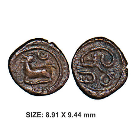 Madurai nayakas, 16th century, Copper, 0.58g, Obv: Seated Bull with head facing back above