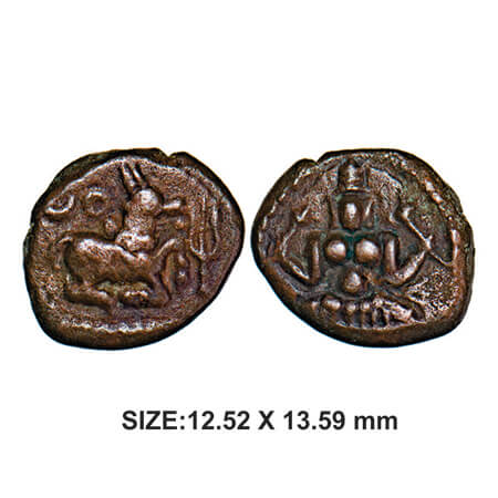 Madurai Nayakas, Meenakshi Amman Series, 1732-1756 AD, Copper, 2.95g, Obv: Seated bull fac