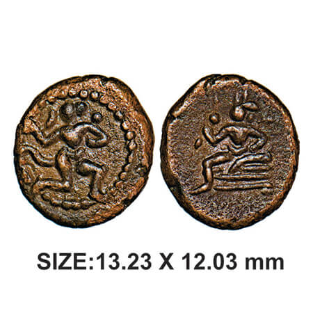 Thanjavur Nayakas, Raghunatha, 1600-1645 AD, Copper, 2.02g, Obv: Hanuman stading facing ri