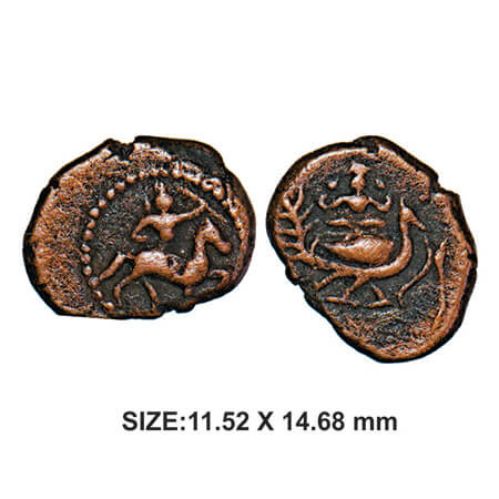 Thanjavur Nayakas, Copper, 2.55g, Obv: Seated Nayaka King in horse facing right with in Do