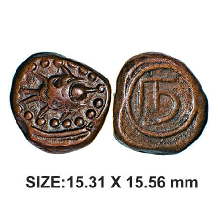Gatti Mudali of Tharamangalam, 17th century, Copper, 7.25g, Obv: Fish facing right within 