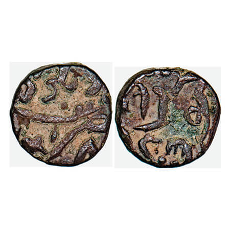 Jahangir, Copper Trambiyo, 2.98g, Delwara Mint, complete name of Jahangir on obv, complete