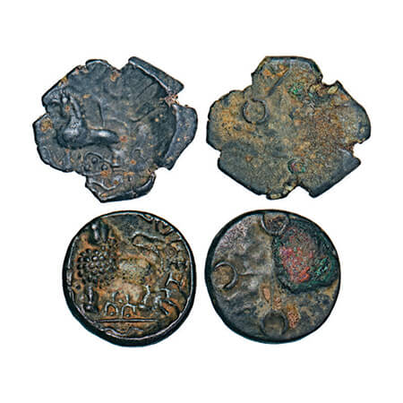 Satavahanas, Siri Satakarni, Junnar Lion type, Potin (2 coins), 3.14 & 4.00g, Obv: Lion st