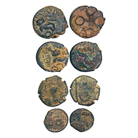Satavahanas, Siri Satakarni, Junnar Area, Potin Unit (4 coins), Obv: lioness standing left