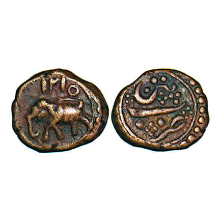 Mysore, Copper ¼ Paisa, 2.78g, Tipu Sultan, Patan Mint, AH 1215, Obv: Date & Elephant left