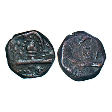 Nagpur Bhonslas, Copper Paisa, 8.75g, with the mask (mukhota) of goddess on obverse with a