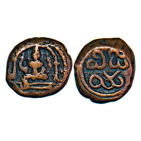 Pudukottai, Copper Amman Kasu, 1.98g, King Martanda Bhairava, Obv: Seated godess Brihadamb