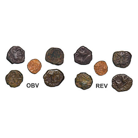 Western Kshatrapas, Bhumka, (5 coins), Copper (4 coins) & Lead (1 coin)/5, Obv: Lion pilla
