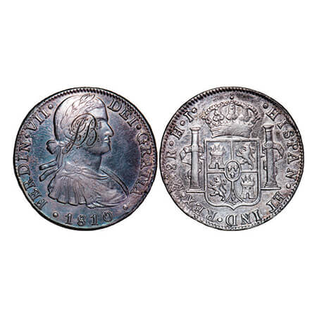 Mexico, Silver (0.903 silver) 8 Reales, 26.86g, 1810 AD, Mo. Obv: Bust of Fardinand VII to
