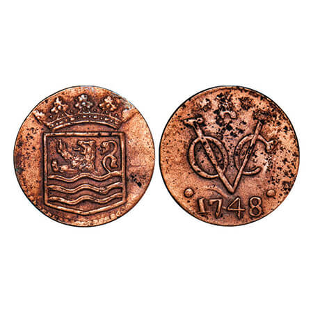 Netherland East Indies-Zeeland, Copper, 3.01g, Duit, 1748, Obv: COA, Rev; Curved date betw