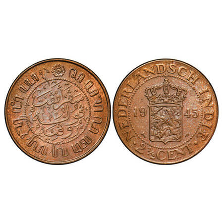 Netherland East Indies, Bronze, 12.54g, 2½ Cents, 1945, Wilhemina I, Obv: Crowned dutch Ar