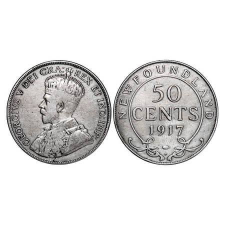 Newfoundland (Canada Province), Silver (0.9250 silver), 11.45g, 50 Cents, 1917 C, George V