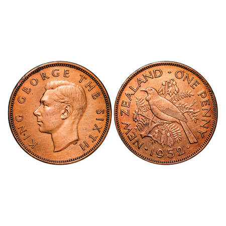 New Zealand, Bronze, 9.47g, Penny, 1952, George VI, Obv: head to left, Rev: Tui bird sitti