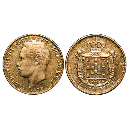 Portugal, Gold (0.917), 17.11g, 10000 Reis, Luiz I, 1879, Obv: Portrait of King, head left