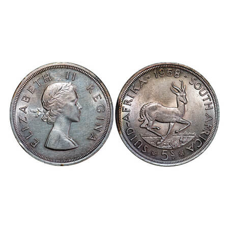 South Africa, Silver (0.500 silver), 28.35g, 5 Shillings, 1958, Elizabeth II, Obv: Lauret 