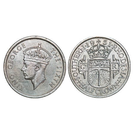 Southern Rhodesia, Cu-Ni, 14.13g, ½ Crown, 1951, George VI, Obv: Crowned head to left, Rev