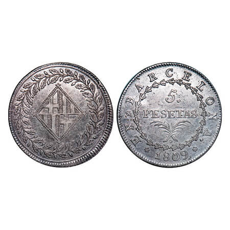 Spain-Barcelona, Silver (0.9250 silver), 26.79g, 5 Pesetas, 1809, Obv: Arms within wreath 
