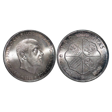 Spain, Silver (0.8000 silver), 19.00g, 100 Pesetas, 1966 (67), Caudillo and regent, Obv: h