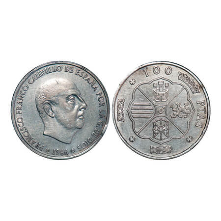 Spain, Silver (0.8000 silver), 19.00g, 100 Pesetas, 1966 (68), Caudillo and regent, Obv: h