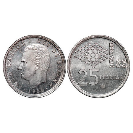 Spain, Cu-Ni, 8.42g, 25 Pesetas, 1980 (80), Juan Carlos I, World Cup Soccer Games, Obv: he