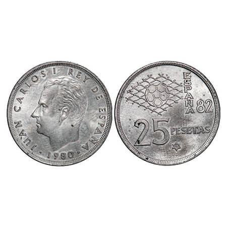 Spain, Cu-Ni, 8.49g, 25 Pesetas, 1980 (80), Juan Carlos I, World Cup Soccer Games, Obv: he