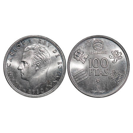 Spain, Cu-Ni, 16.95g, 100 Pesetas, 1980 (80), Juan Carlos I, World Cup Soccer Games-Spain 