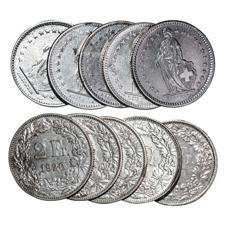 Switzerland, Silver (0.8350 silver), 10.00g, 2 Francs (5 Coins), 1907, 1913, 1920, 1948, 1