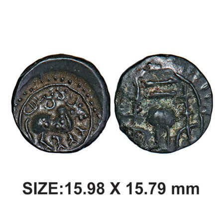 Post-Vakataka, Khandesh Region, Copper bas Alloy, 2.22g, Obv: Humped Bull walking to right