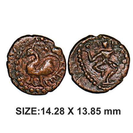 Nayakas of Senji, 1526-1567 AD, Copper, 2.18g, Obv: Peacock Facing left, Rev: Dancing Lord