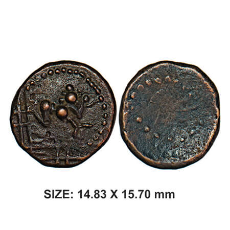 Palani Nayakas, 16th century, Copper, 3.00g, Obv: Balkrishna with ball of butter, Rev: Kad