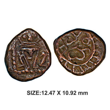 Madurai Nayakas, Mangamma Series, 1689-1706 AD, Copper, 1.92g, Obv: Seated Narashima with 