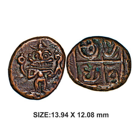 Madurai Nayakas, Rani Mangamma series, 1689-1706 AD, Copper, 2.48g, Obv: Standing Narashim