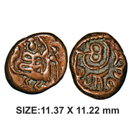 Madurai Nayakas, Rani Mangamma Series, AD 1689-1706, Copper, 1.89g, Obv: Lord Muruga seate