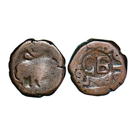 Bhaunagar-Ghoga Bunder?, Copper, 8.25g, 'GB' overstruck on South Indian Coin copper coin h