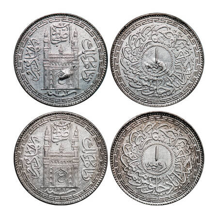 Hyderabad, Silver Rupee (2 coins), Mir Usman Ali Khan (AH 1329-1368/ 1911-1948 AD), Farkha