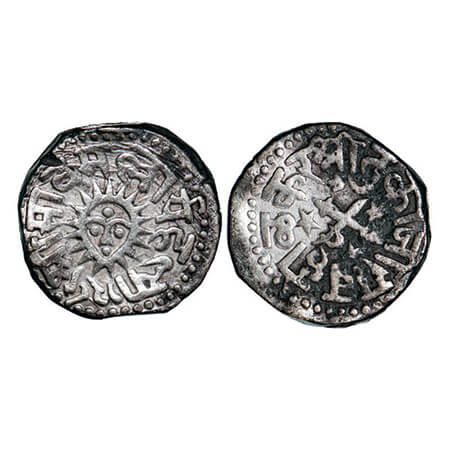 Indore, Silver Rupee, 11.14g, Tukoji Rao II, Indore Mint, AH 1289 on reverse below sun. KM